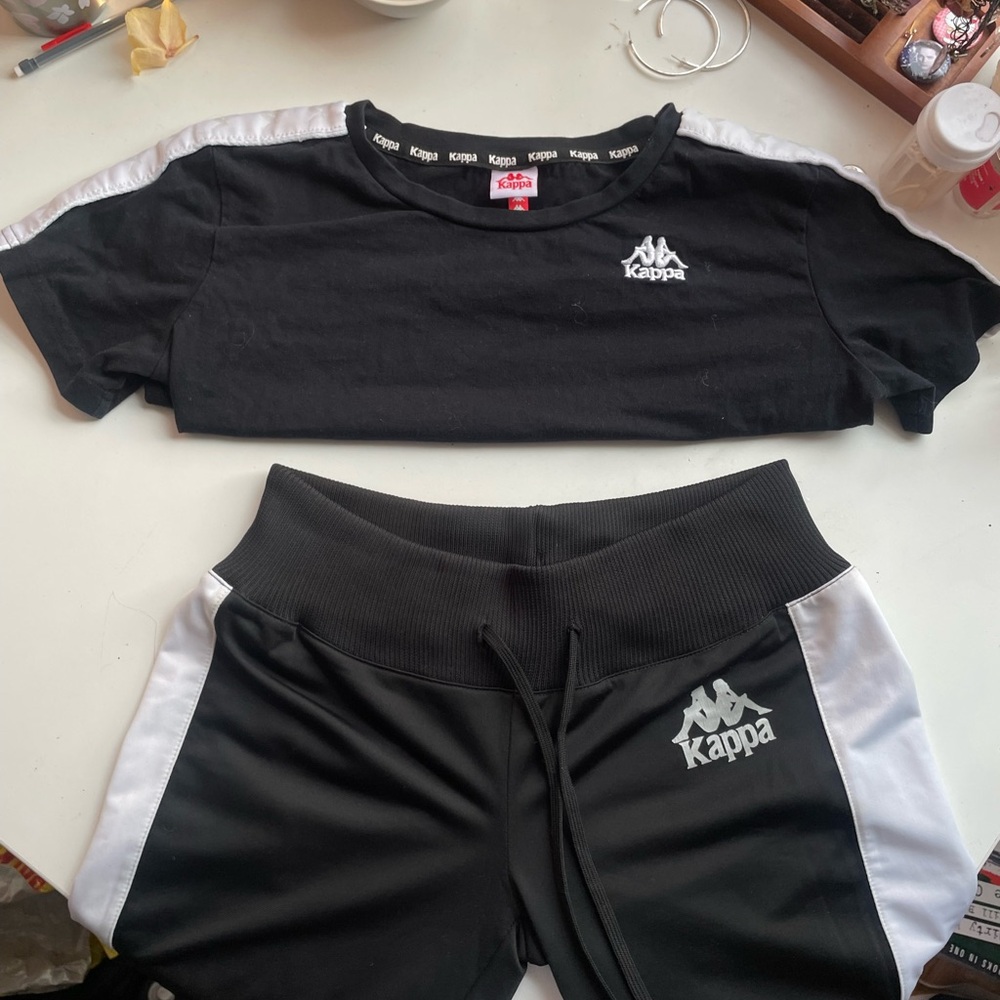Kappa Black and White Logo Crop Top and Shorts